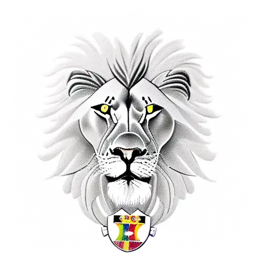 A detailed portrait of a lion wearing the Sport Recife shield and the trophies from the 1987 Brazilian championship and 2008 with the Brazilian Cup title as a crown tattoo design idea