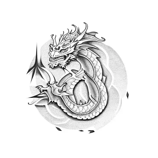 Dragon flower in dotwork style tattoo design idea