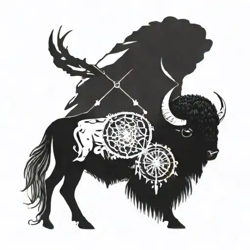 A bison roaming through the Badlands of South Dakota with a dream catcher hanging from its horns tattoo design idea