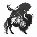 A bison roaming through the Badlands of South Dakota with a dream catcher hanging from its horns tattoo design idea