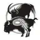 A bison roaming through the Badlands of South Dakota with a dream catcher hanging from its horns tattoo design idea