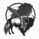 A bison roaming through the Badlands of South Dakota with a dream catcher hanging from its horns tattoo design idea