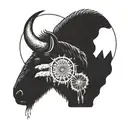 A bison roaming through the Badlands of South Dakota with a dream catcher hanging from its horns tattoo design idea