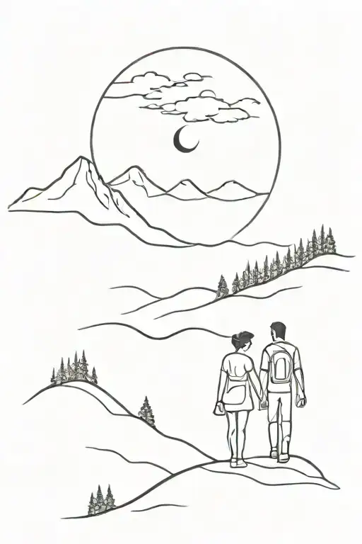 mountains and forest in the background, in the foreground the shadows of a couple walking towards the moon, all enclosed tattoo design idea