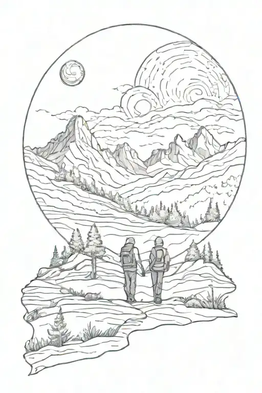 mountains and forest in the background, in the foreground the shadows of a couple walking towards the moon, all enclosed tattoo design idea