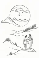 mountains and forest in the background, in the foreground the shadows of a couple walking towards the moon, all enclosed tattoo design idea