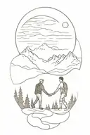 mountains and forest in the background, in the foreground the shadows of a couple walking towards the moon, all enclosed tattoo design idea