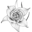 1 lily of The Valley, 1 daffodil, 1 rose, 1 cosmos, and 1 chrysanthemum flower wrapped in string  tattoo design idea