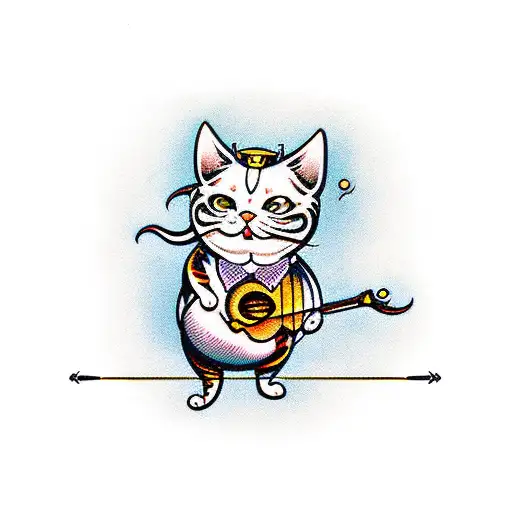 A lucky cat playing a magical instrument tattoo design idea