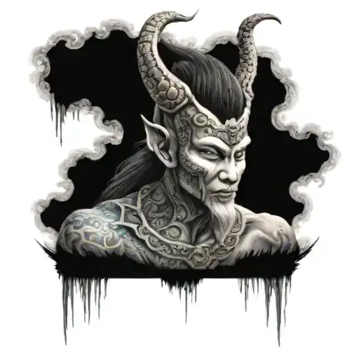 A realistic portrait of a mythical creature from Thai folklore, with a background inspired by the landscapes of Laos and Argentina tattoo design idea