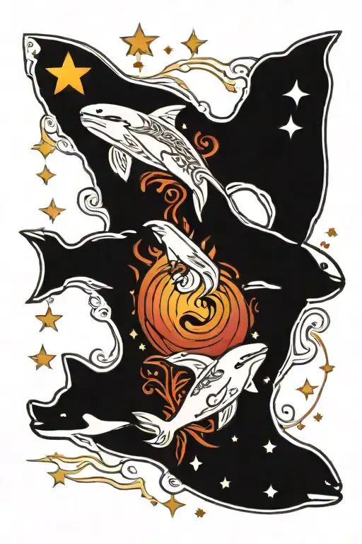 pisces symbol with a polar bear and an orca swimming in the night sky tattoo design idea