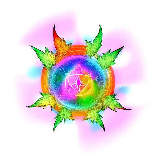 A psychedelic space-themed tattoo with a twist of trap music, incorporating weed leaves and LSD symbols tattoo design idea