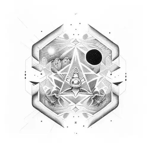 A psychedelic space-themed tattoo with a twist of trap music, incorporating weed leaves and LSD symbols tattoo design idea