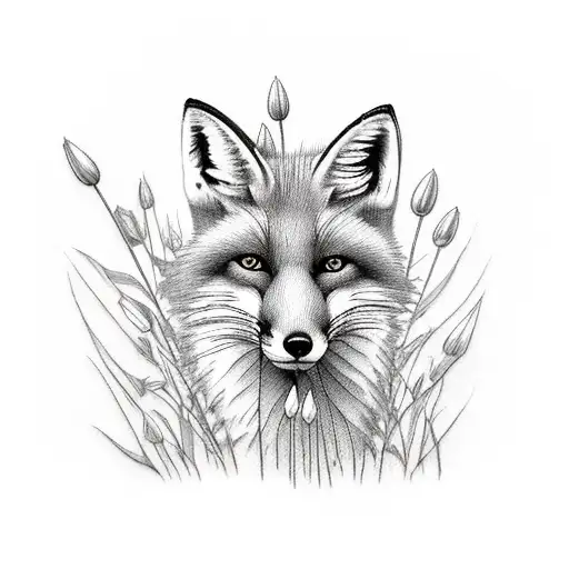 Fox surrounded by tall grass and tulips and Lillies   tattoo design idea