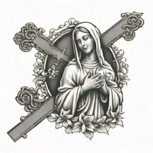 Virgin Mary holding cross wit name Trisha  tattoo design idea