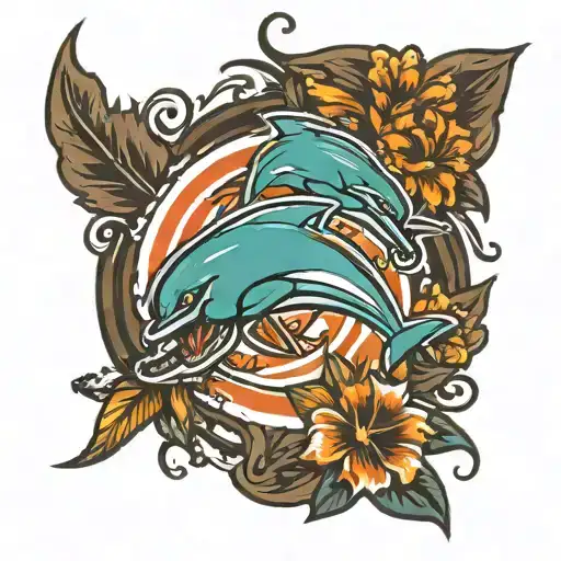 old school Miami dolphins logo, flowers, football  tattoo design idea