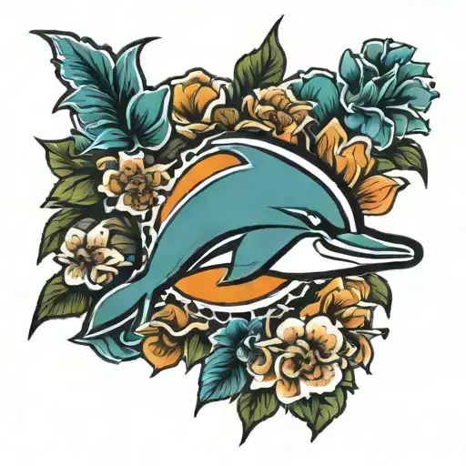 old school Miami dolphins logo, flowers, football  tattoo design idea