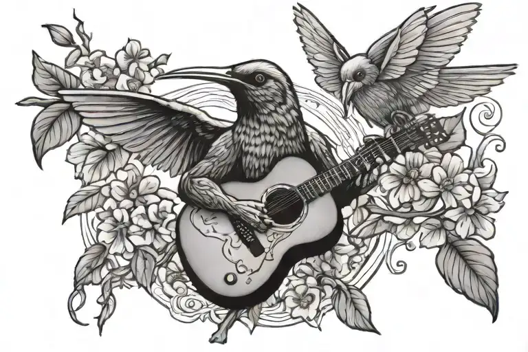 guitar hummingbird gorilla cherry tree with butterfly tattoo design idea