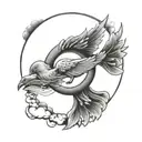 crying eye at the top below a sun then a dove which flies from 2 hands under the hands 3 ruffs around everything clouds  tattoo design idea