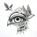 crying eye at the top below a sun then a dove which flies from 2 hands under the hands 3 ruffs around everything clouds  tattoo design idea