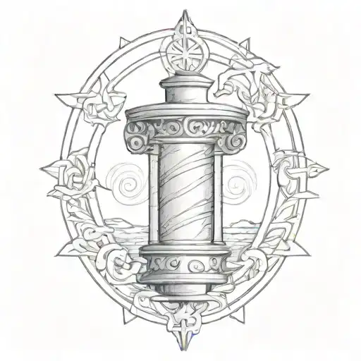 A sketch style tattoo of an ancient Roman scroll with HR-related symbols intertwined, set against a backdrop of the Mediterranean Sea tattoo design idea