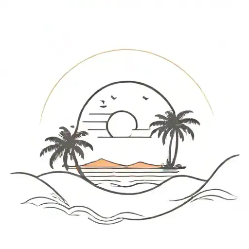 A minimalist design of a sun setting over a tranquil beach scene, symbolizing the essence of Dolce Vita tattoo design idea