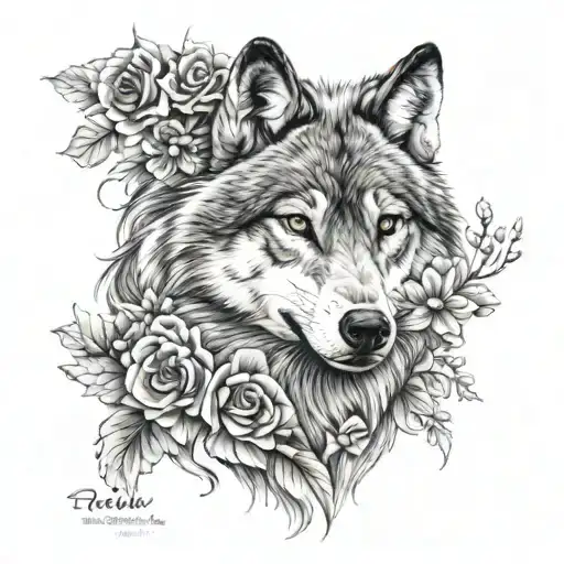 flower and wolf looking forward tattoo design idea