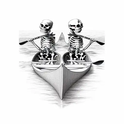 two skeletons paddling on a canoe tattoo design idea