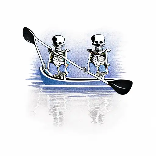 two skeletons paddling on a canoe tattoo design idea