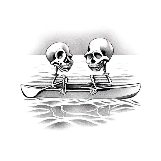 two skeletons paddling on a canoe tattoo design idea
