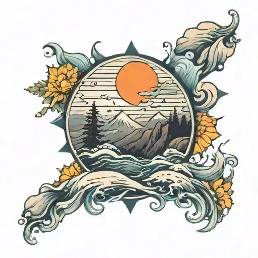 mountain ocean sun moon road tattoo design idea