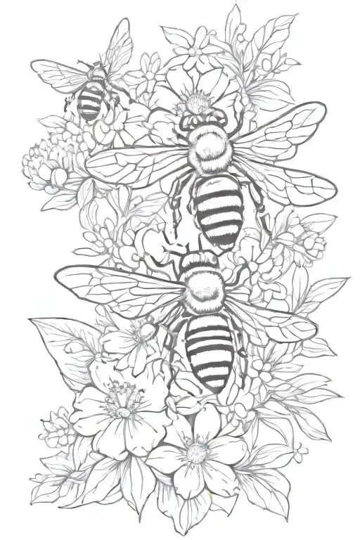 honey bee and flowers intertwined tattoo design idea
