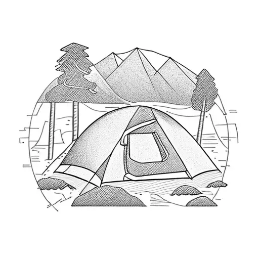 Campfire scene with a tent under the stars and a kayak resting nearby, inspired by camping trips in Montana tattoo design idea
