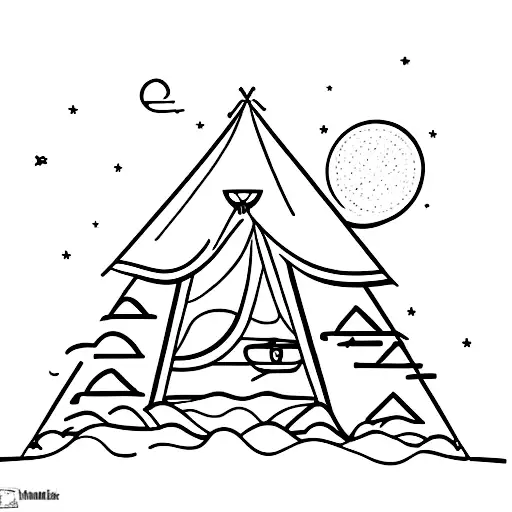 Campfire scene with a tent under the stars and a kayak resting nearby, inspired by camping trips in Montana tattoo design idea