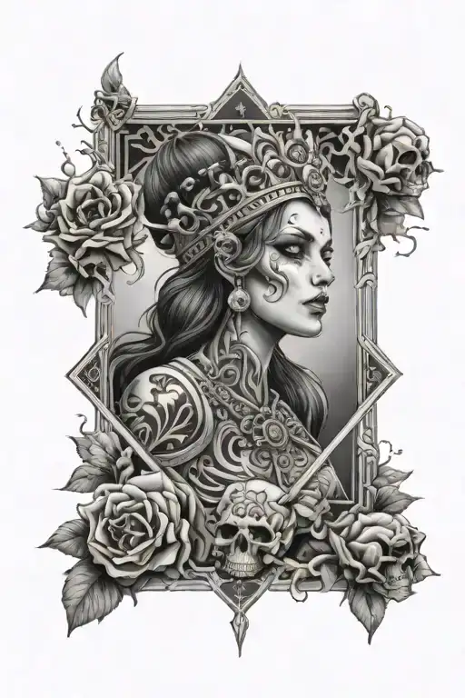 empress tarot card, skulls surrounded, beautiful woman tattoo design idea