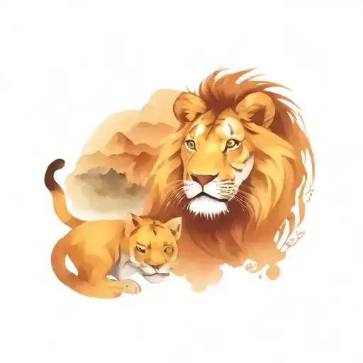 lion and tiger with mountain background chinese watercolor style  tattoo design idea