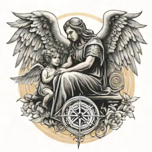 A protective angel watching over a family with the symbol of Sagittarius incorporated tattoo design idea