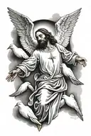 jesus looking down white dove flying tattoo design idea