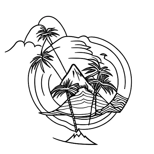 palm tree with mount Teide and a surf board and a barraquito tattoo design idea