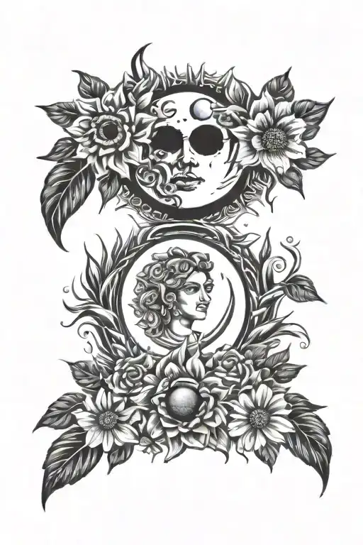 Sun, Antient Grecee, flowers, Moon tattoo design idea