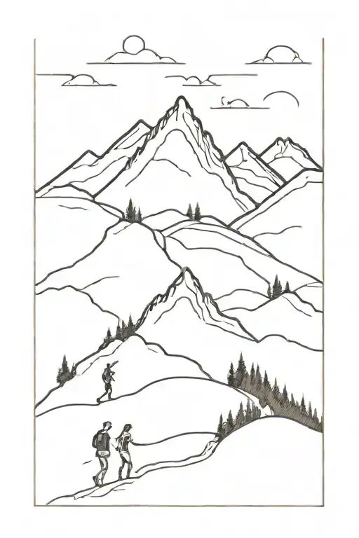 mountain with path running through it, 5 people walking through tattoo design idea