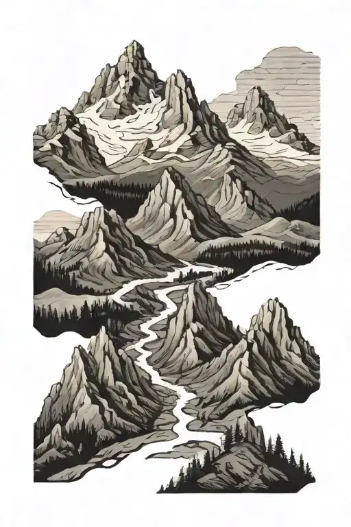 mountain range with path running through it, 5 people walking through tattoo design idea
