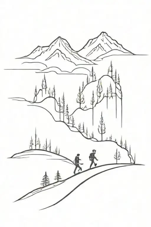 mountain range/forrest with path running through it, 5 people walking through tattoo design idea
