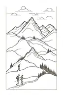mountain with path running through it, 5 people walking through tattoo design idea