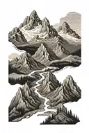 mountain range with path running through it, 5 people walking through tattoo design idea