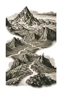 mountain range with path running through it, 5 people walking through tattoo design idea