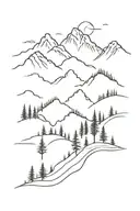 mountain range/forrest with path running through it, 5 people walking through tattoo design idea