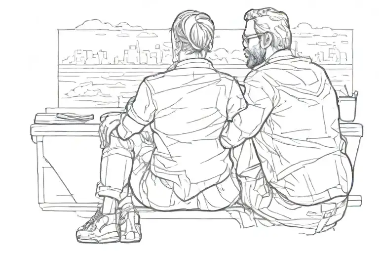 dad and daughter sitting back view tattoo design idea