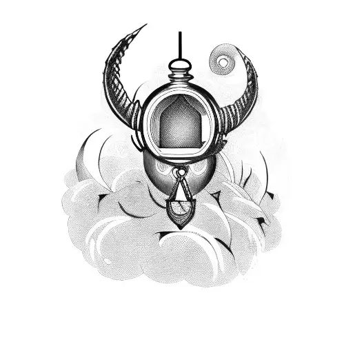 birdcage with eyes inside, horns coming out of birdcage, old padlock  tattoo design idea