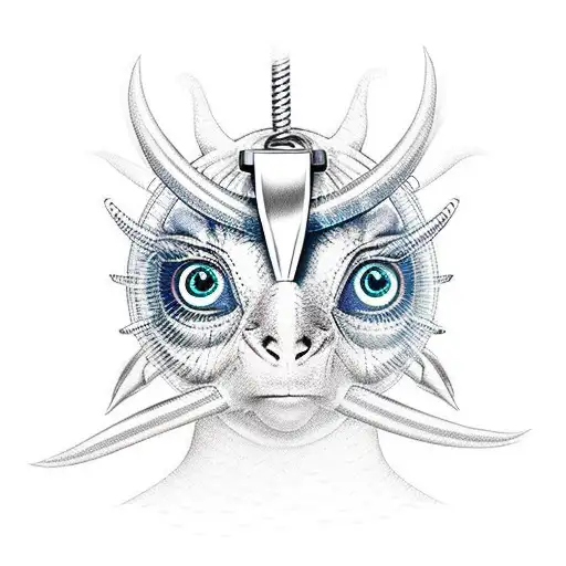 birdcage with eyes inside, horns coming out of birdcage, old padlock  tattoo design idea